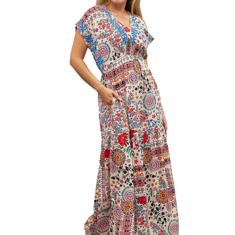 Karyn Seo Gypsy Bohemian Print Cinched Waist V-Neck Short Sleeve Maxi Dress
